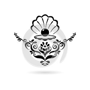 Black Sea Pearl in open shell, floral ornament icon or logo