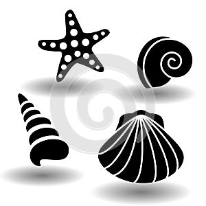 Black sea shells icon set, collection of seashell, clam, nautilus snail, spiral shell and starfish. Vector eps10