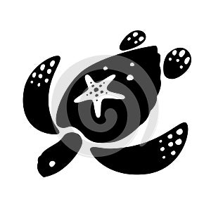 Black sea turtle drawing with starfish on back, vector
