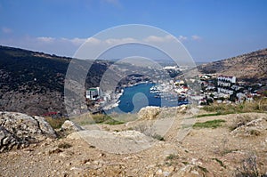 Black Sea. View of Balaklava Bay and Balaklava resort on a sunny autumn day.