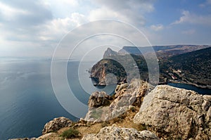 Black Sea. View of the Balaklava cape and Balaklava Bay on a cloudy autumn day.