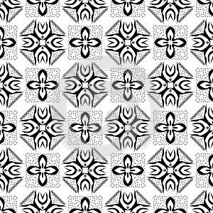 Black Seamless Geometric Circles Flowers Pattern Repeated Design On White Background