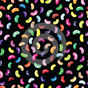 Black seamless jelly beans vector pattern. Sweet candy jelly beans background.