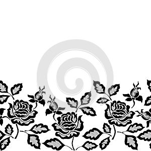 Black seamless lace border with flowers on white background