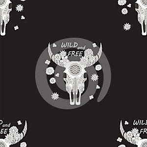 Black seamless pattern with cow skull