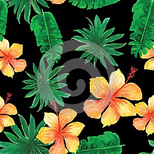 Black Seamless Texture. Pink Pattern Palm. Green Tropical Design. Organic Floral Leaves. Coral Flower Plant.