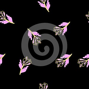 Black seamless vector pattern with pink flowers. Art continuous illustration modern