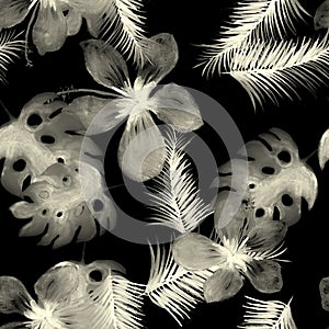 Black Seamless Vintage. Gray Pattern Painting. White Tropical Botanical. Monstera Leaves. Spring Palm. Decoration Background.