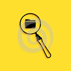 Black Search concept with folder icon isolated on yellow background. Magnifying glass and document. Data and information