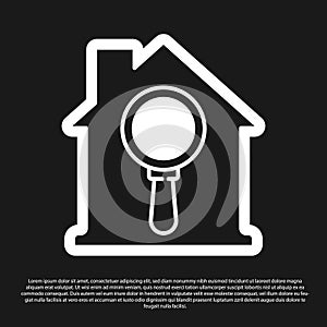 Black Search house icon isolated on black background. Real estate symbol of a house under magnifying glass. Vector