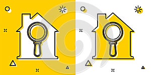 Black Search house icon isolated on yellow and white background. Real estate symbol of a house under magnifying glass