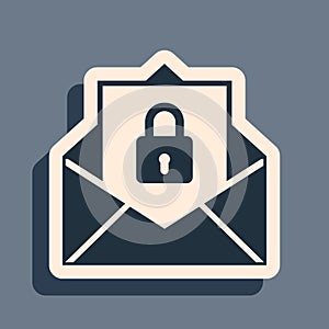 Black Secure mail icon isolated on grey background. Mailing envelope locked with padlock. Long shadow style. Vector