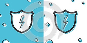 Black Secure shield with lightning icon isolated on blue and white background. Security, safety, protection, privacy