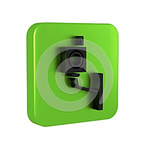 Black Security camera icon isolated on transparent background. Green square button.