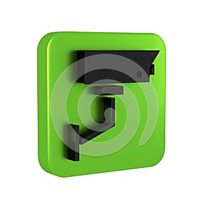 Black Security camera icon isolated on transparent background. Green square button.