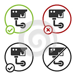 Black Security camera icon isolated on white background. Circle button. Vector