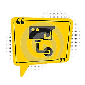 Black Security camera icon isolated on white background. Yellow speech bubble symbol. Vector