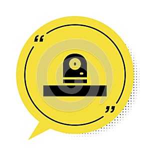 Black Security camera icon isolated on white background. Yellow speech bubble symbol. Vector
