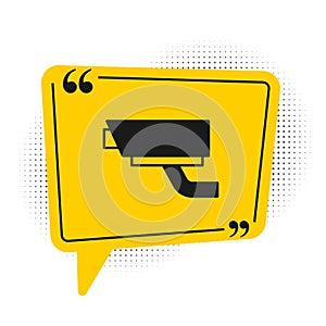 Black Security camera icon isolated on white background. Yellow speech bubble symbol. Vector