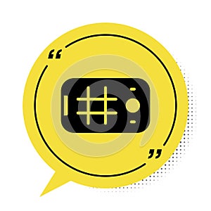 Black Selfie on mobile phone icon isolated on white background. Yellow speech bubble symbol. Vector
