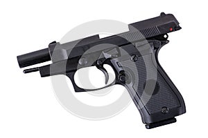 Black semi automatic handgun on a white background