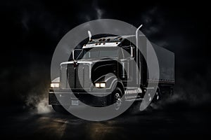 Black semi truck with smoke coming out of the back of it. Generative AI