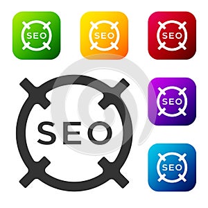 Black SEO optimization icon isolated on white background. Set icons in color square buttons. Vector