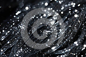 Black sequins on a dark background close-up macro photography, Close-up detail of bright silver glitter sprinkled against a dark