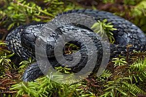 Black Serpent Lying in Lush Green Forest Ferns, Wildlife Snake in Natural Habitat