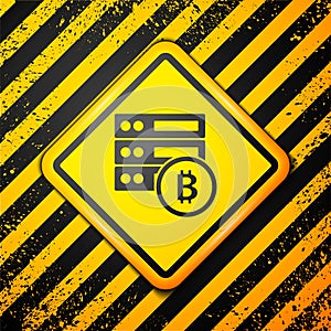 Black Server bitcoin icon isolated on yellow background. Warning sign. Vector