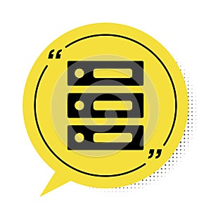 Black Server, Data, Web Hosting icon  on white background. Yellow speech bubble symbol. Vector