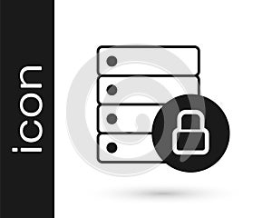 Black Server security with closed padlock icon isolated on white background. Database and lock. Security, safety