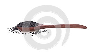 Black sesame seeds in wooden spoon isolated on white background