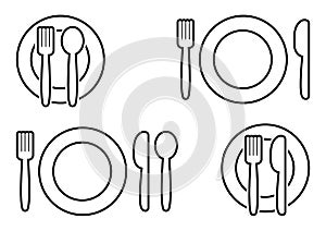 Black set of cutlery. Fork, spoon, knife and plate. Vector