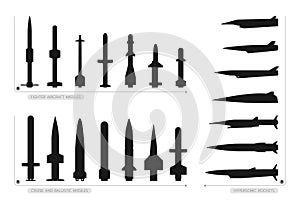 The black  set of different types of missiles is on a white background photo