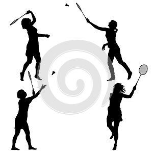 Black set silhouette of female badminton player on white background