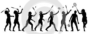 Black set silhouette of female badminton player on white background