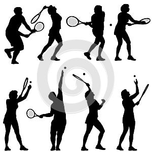 Black set silhouette of female badminton player on white background