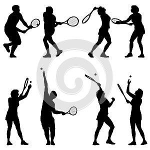 Black set silhouette of female badminton player on white background