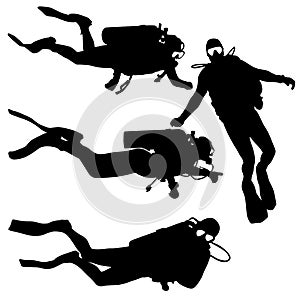 Black set silhouette scuba divers on a white background