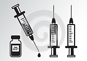 Black set of syringes for injection with vaccine, vial of medicine. Vector