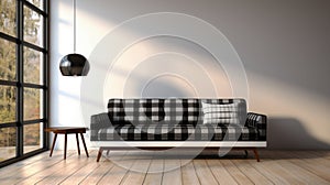 Black seventies style sofa in a modern living room . 3D rendering. Vintage style.