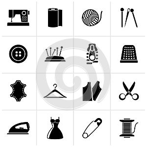 Black sewing equipment and objects icons