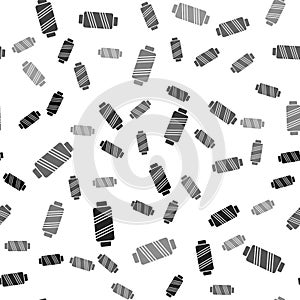 Black Sewing thread on spool icon isolated seamless pattern on white background. Yarn spool. Thread bobbin. Vector