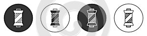 Black Sewing thread on spool icon isolated on white background. Yarn spool. Thread bobbin. Circle button. Vector