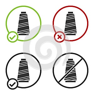 Black Sewing thread on spool icon isolated on white background. Yarn spool. Thread bobbin. Circle button. Vector