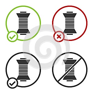 Black Sewing thread on spool icon isolated on white background. Yarn spool. Thread bobbin. Circle button. Vector