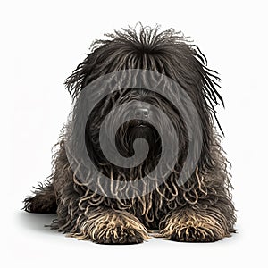 Black shaggy dog breed Puli portrait close-up, isolated on white,