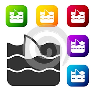 Black Shark fin in ocean wave icon isolated on white background. Set icons in color square buttons. Vector