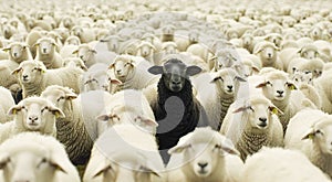 Black Sheep Amongst a Herd of White Sheep in a Field